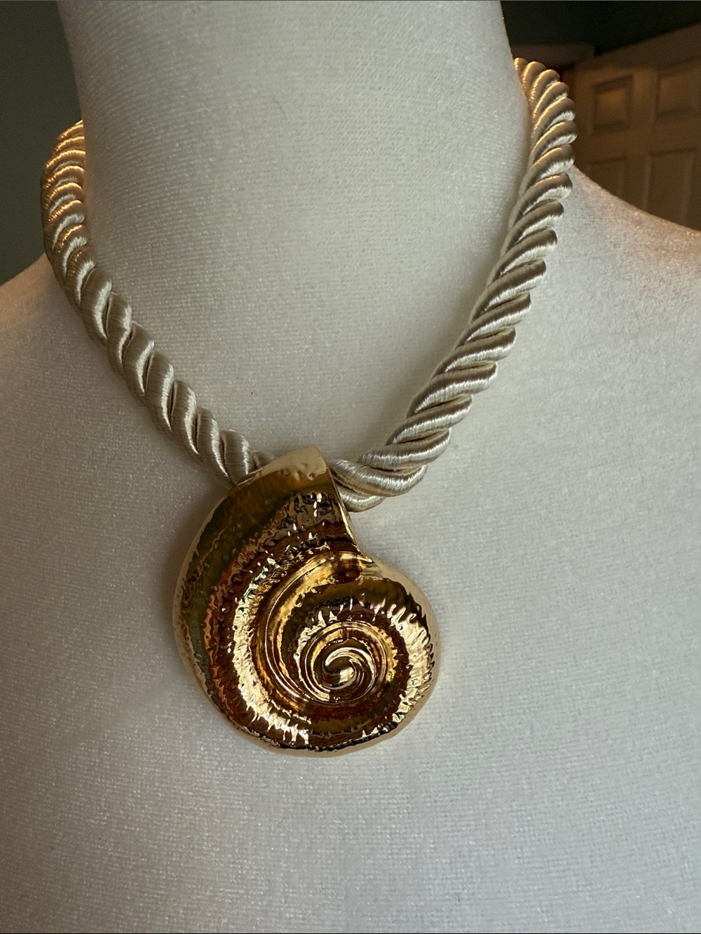 Gold Spiral Shell Pendant Necklace with Cream Twisted Cord by Piper K